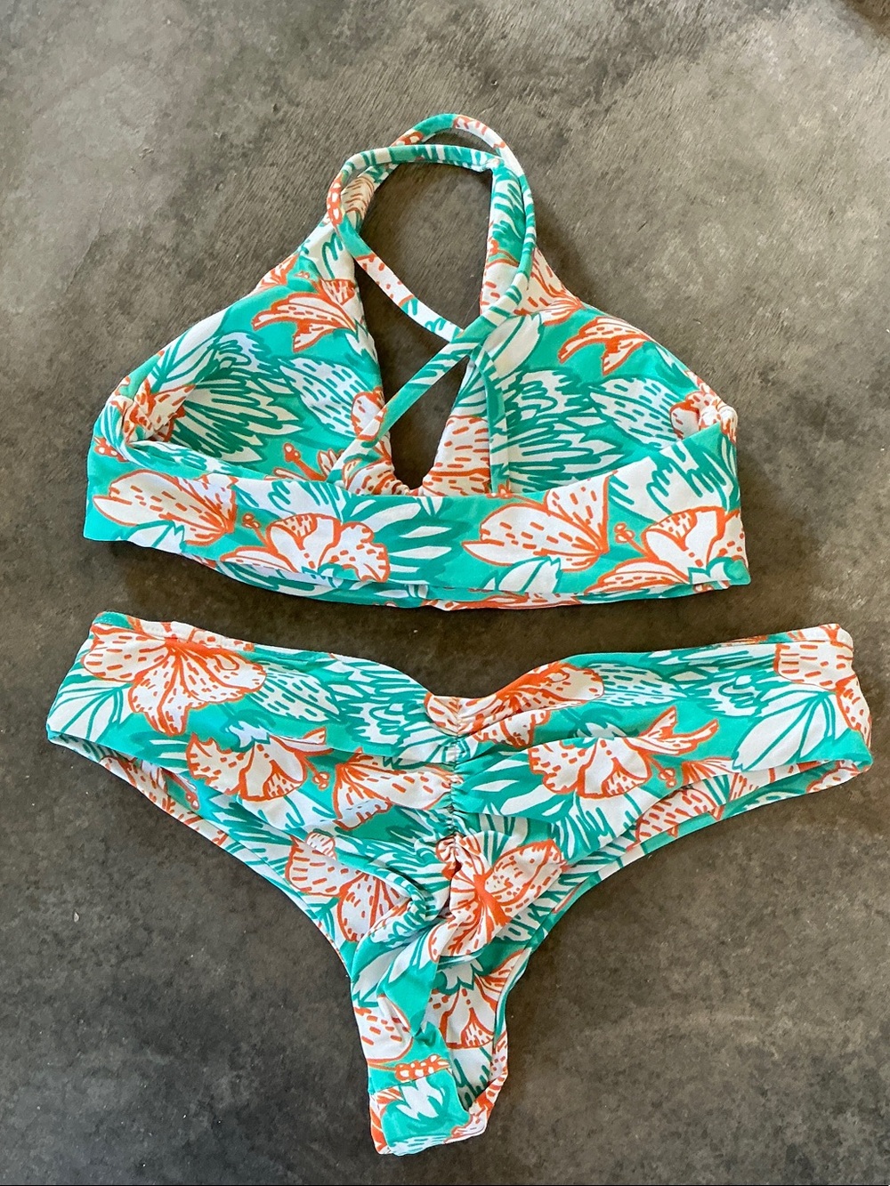 Midori Floral V-Neck Bikini Set in Teal and Coral - Picture 4 of 4
